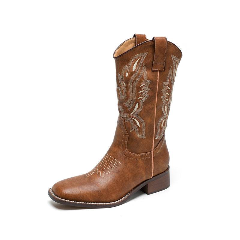 Women's Mid-calf Embroidered Martin Boots - Mubimart
