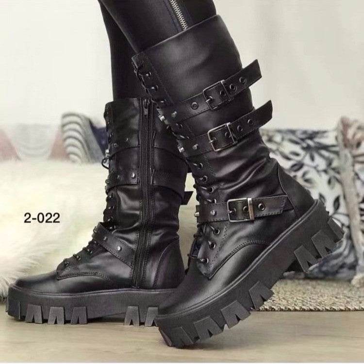 European And American Mid-calf Buckle Knight Boots Women - Mubimart