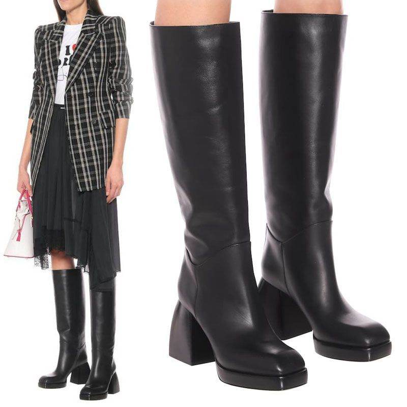 Thick High-heeled Platform Catwalk Boots, Leather Square Toe Boots - Mubimart