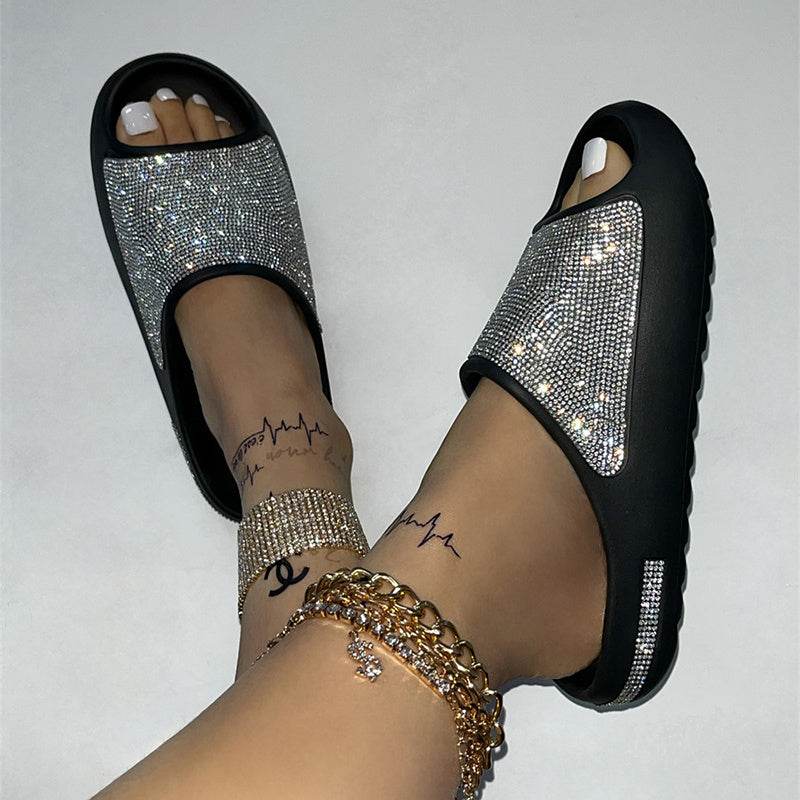Rhinestone Slippers Women PeepToe Thick Sole Shoes Fashion Slides Summer - Mubimart