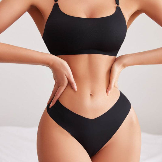 Women Seamless Bra Set Sexy Thong Low Waist Panties Wire Free Bra Bralette Lingerie Brassiere Ice Silk Female Underwear Set - Mubimart