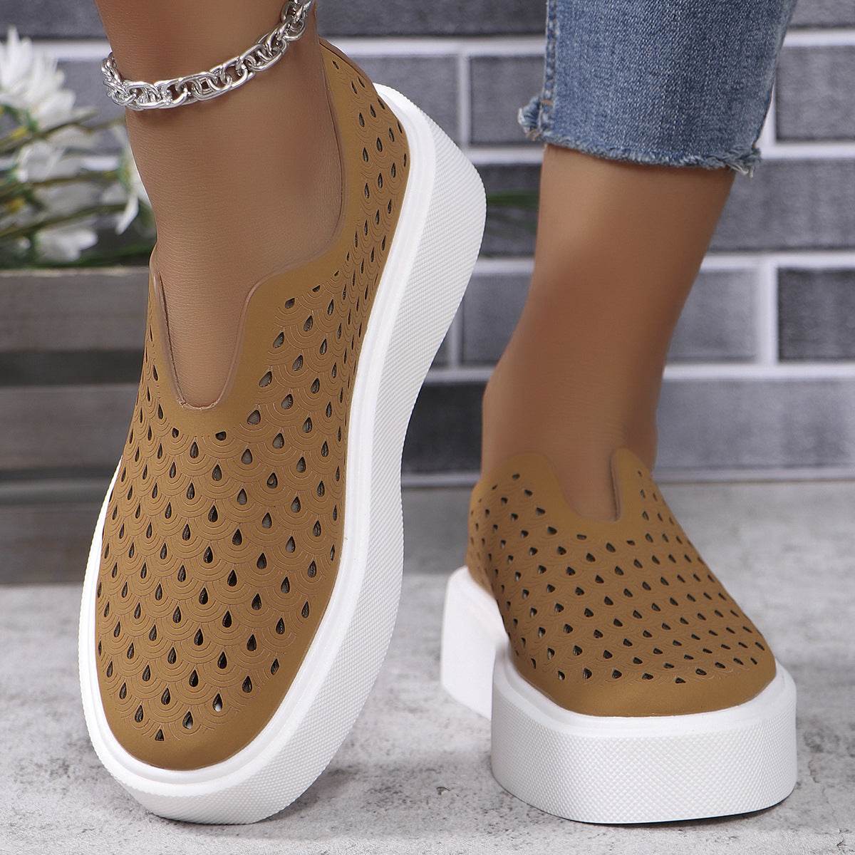 Fashion Hollow Flats Shoes Casual Versatile Thick Sole Slip-on Shallow Shoes For Women - Mubimart