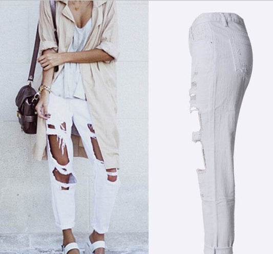 Ripped Jeans High Waist Women Ripped Hole Knee Skinny Pants - Mubimart