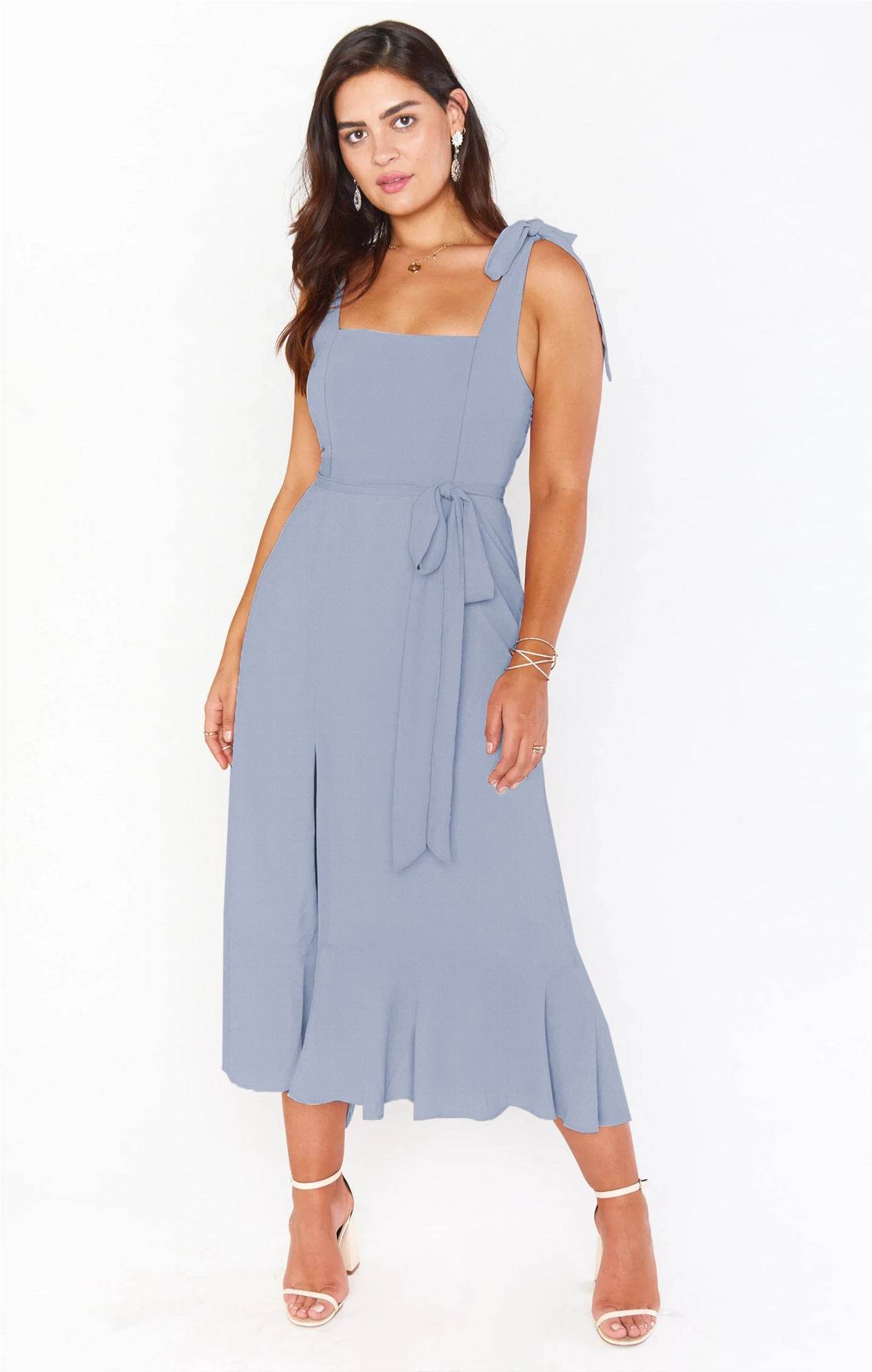 Women's Dresses Summer Elegant Bridesmaid Square Neck Ruffle Split Midi Formal Dress For Wedding Guest Cocktail Party - Mubimart