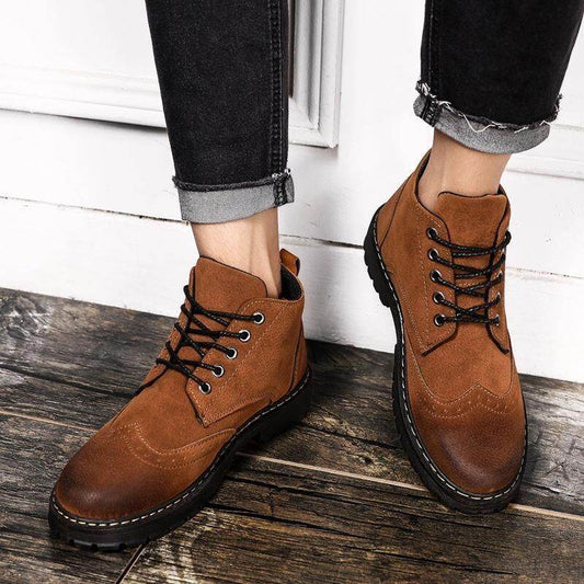 Men's Simple Sand Color High-top Hiking Boots - Mubimart