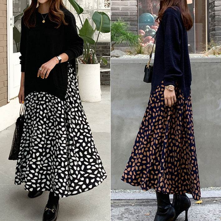 Plus Size Women's Long-sleeved T-shirt Stitching Print Big Swing Dress - Mubimart
