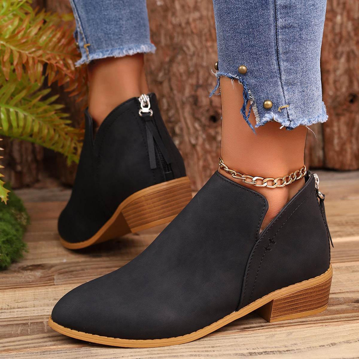 Chunky Heel Pointed Toe Ankle Boots With V-cut Design Fashion Fall Winter Short Boots For Women Shoes - Mubimart