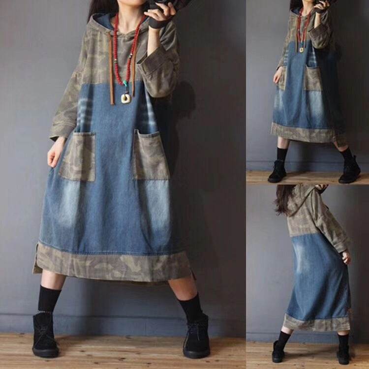 Spring And Autumn New Retro Hooded Plaid Blocks Mid-length Denim Dress For Women Versatile Casual Loose Plus Size - Mubimart