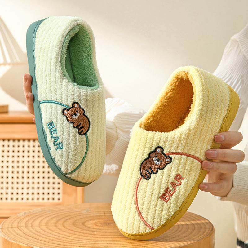 Women's Bear Fuzzy Slippers Casual Non Slip Household Walking Shoes For Home Winter - Mubimart