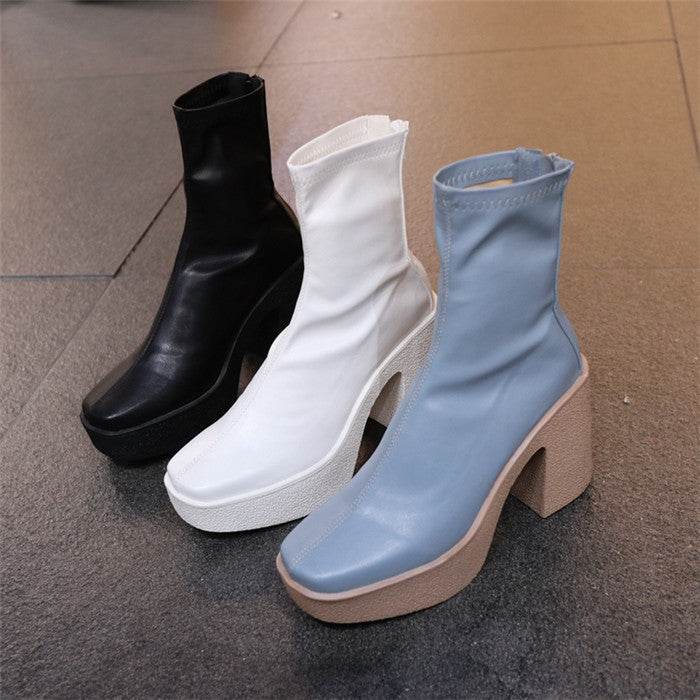 Korean Boots Square Toe Chunky Heel Waterproof - Mubimart