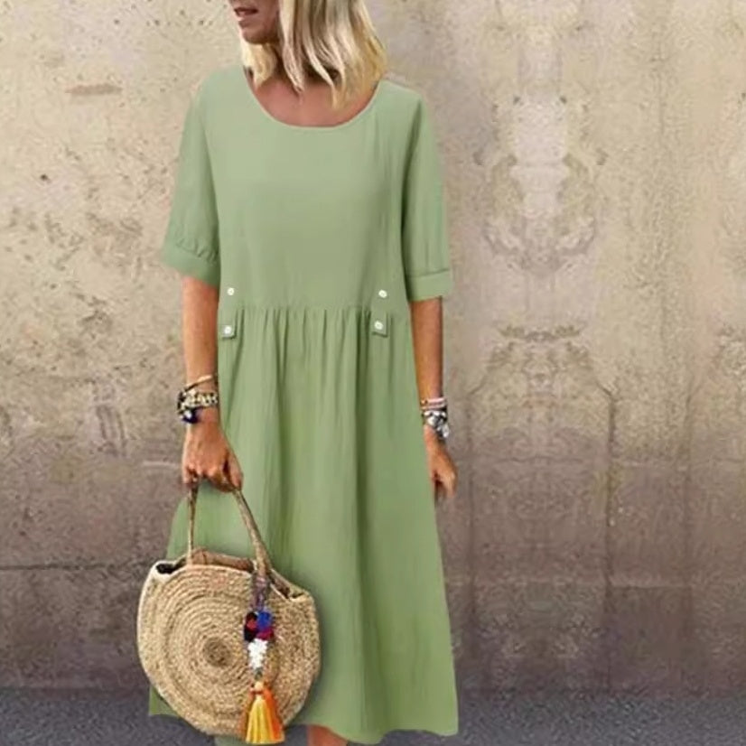 Plus Size Casual Round Neck Shirt With Half Sleeve Button Dress Women - Mubimart - Shirt Dress 