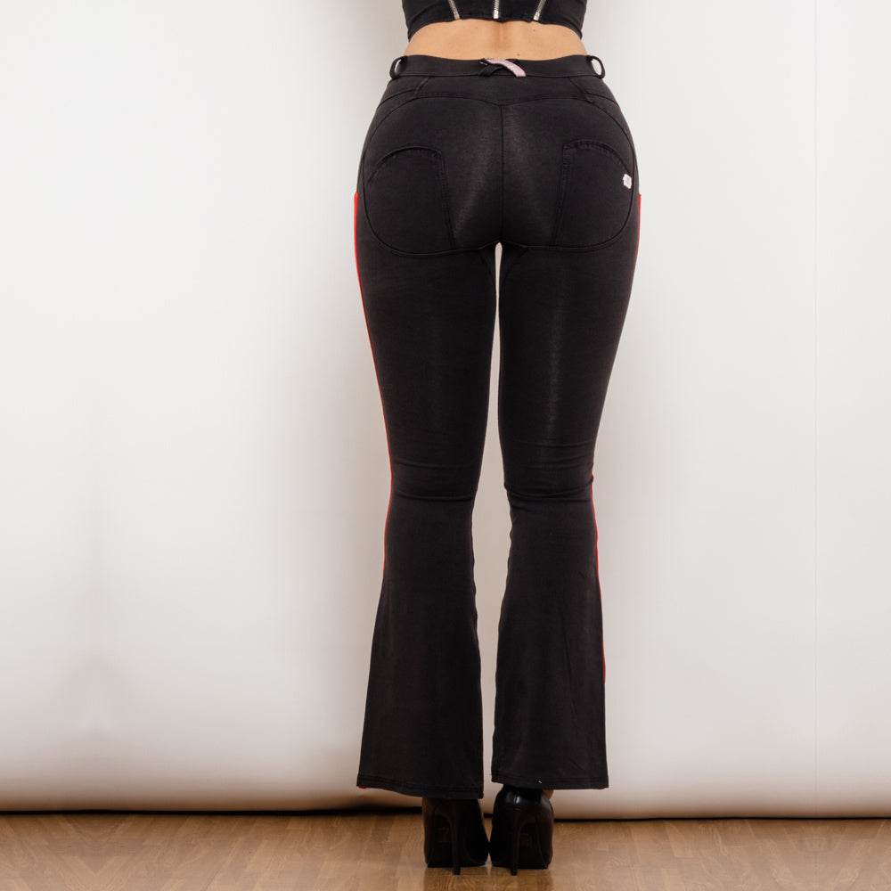 Shascullfites Melody Side Stripe Denim Flare Jeans Stretch Pants Slim Butt Lift Flare Pants Scrunch Bum Black Jeans - Mubimart