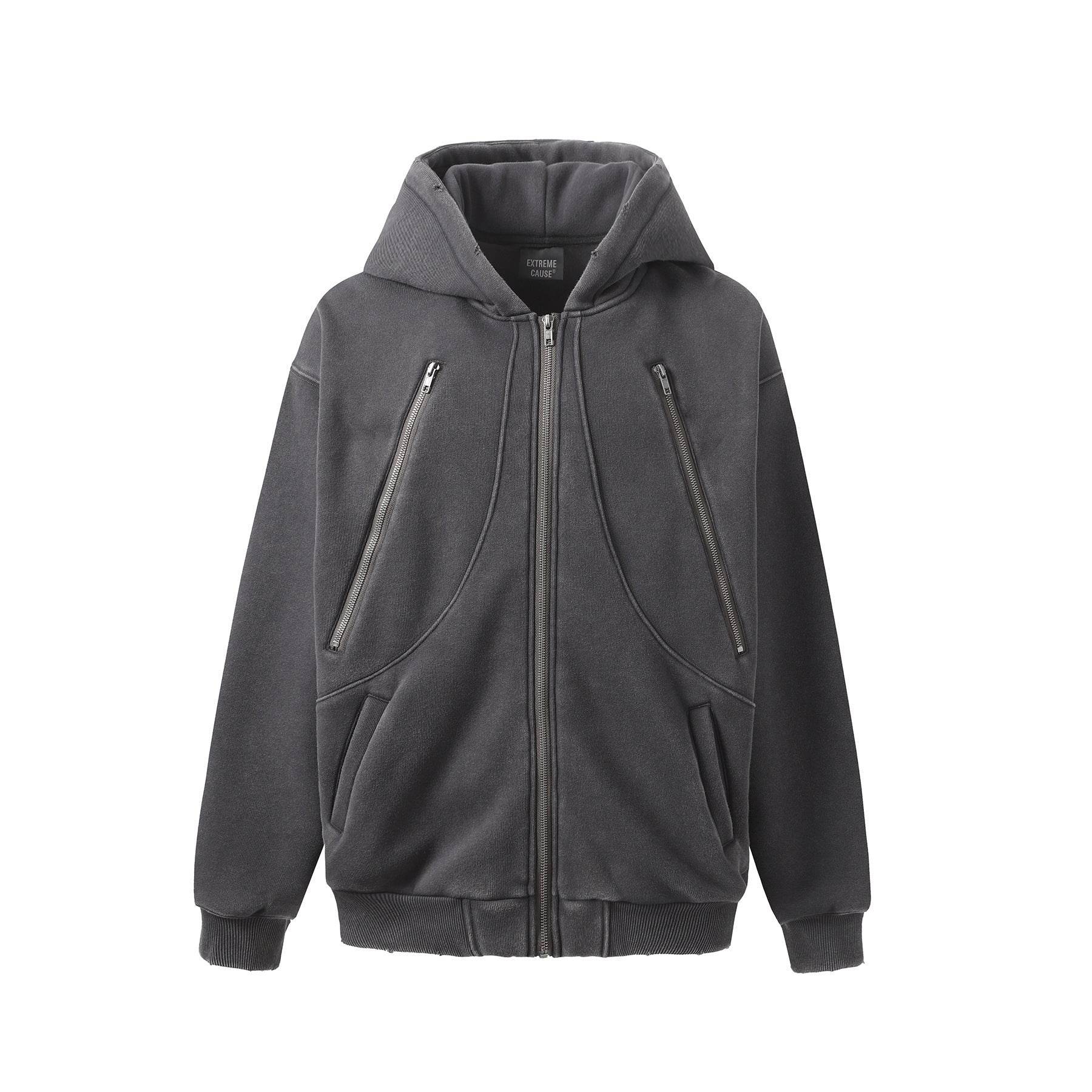 New Hoodie Fleece-lined Washed Zipper Sweater - Mubimart