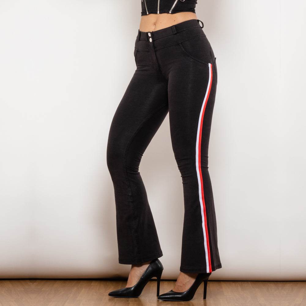 Shascullfites Melody Side Stripe Denim Flare Jeans Stretch Pants Slim Butt Lift Flare Pants Scrunch Bum Black Jeans - Mubimart