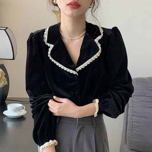 Bubble Sleeve Velvet Blouse Top For Women - Mubimart