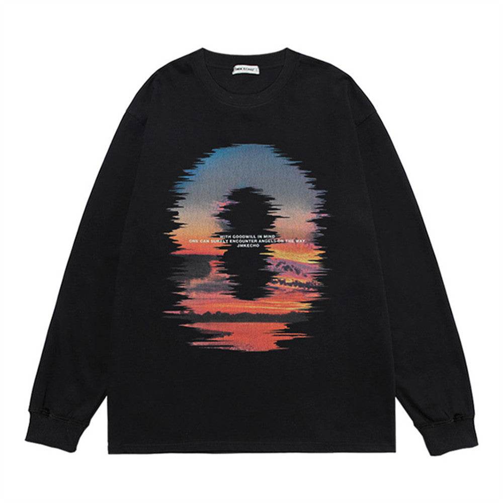 Sunset Reflection Printed Loose Sweatshirt Men - Mubimart