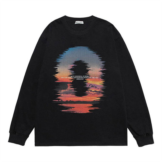 Sunset Reflection Printed Loose Sweatshirt Men - Mubimart