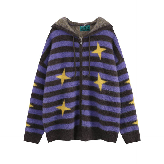 Idle Style Loose Red Striped Hooded Zip Cardigan Sweater Coat - Mubimart
