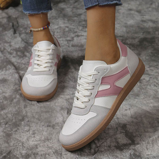 New Colorblock Lace-up Flats Shoes Fashion Round Toe Slip On Casual Shoes For Women - Mubimart
