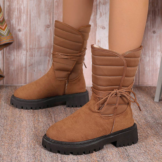 Fashion Mid-calf Snow Boots With Lace-up Design Winter Warm Thickened Low-heeled Boot Women's Casual Shoes Outdoor - Mubimart