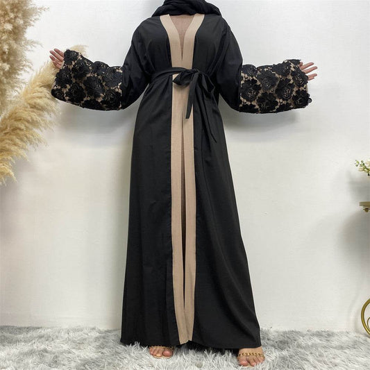 Lace Cuffs Patchwork Long Sleeve Loose Plus Size Lace Up Cardigan Robe - Mubimart