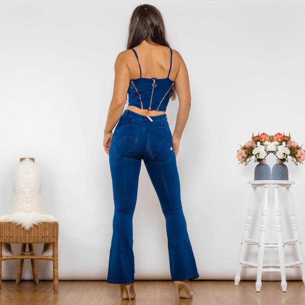 Shascullfites Shaper Set Dark Blue Bodysuit Zipper Push Up Top Middle Waist Flare Jeans Women Two Piece Clothes For Women - Mubimart