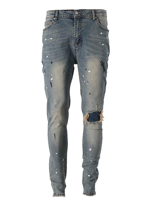 Slim-fit Slim-fit Jeans With Splashed Ink And Ripped Patches - Mubimart