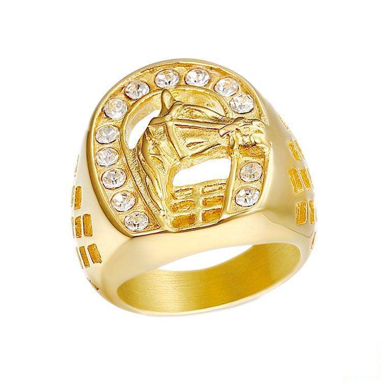 Titanium Steel Gold Plated Diamond Horse Head Ring For Men - Mubimart