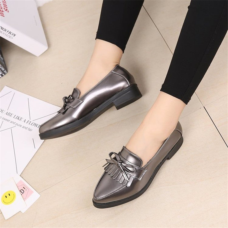 British Style Tassel Bow Flat Single Shoes Pointed Toe Flat Heel