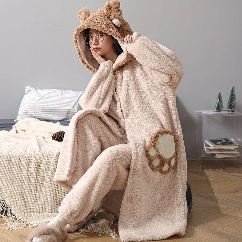 Coral Fleece Nightgown Women Plus Velvet Thickened Flannel Pajamas Can Be Worn Outside Bathrobe Set - Mubimart