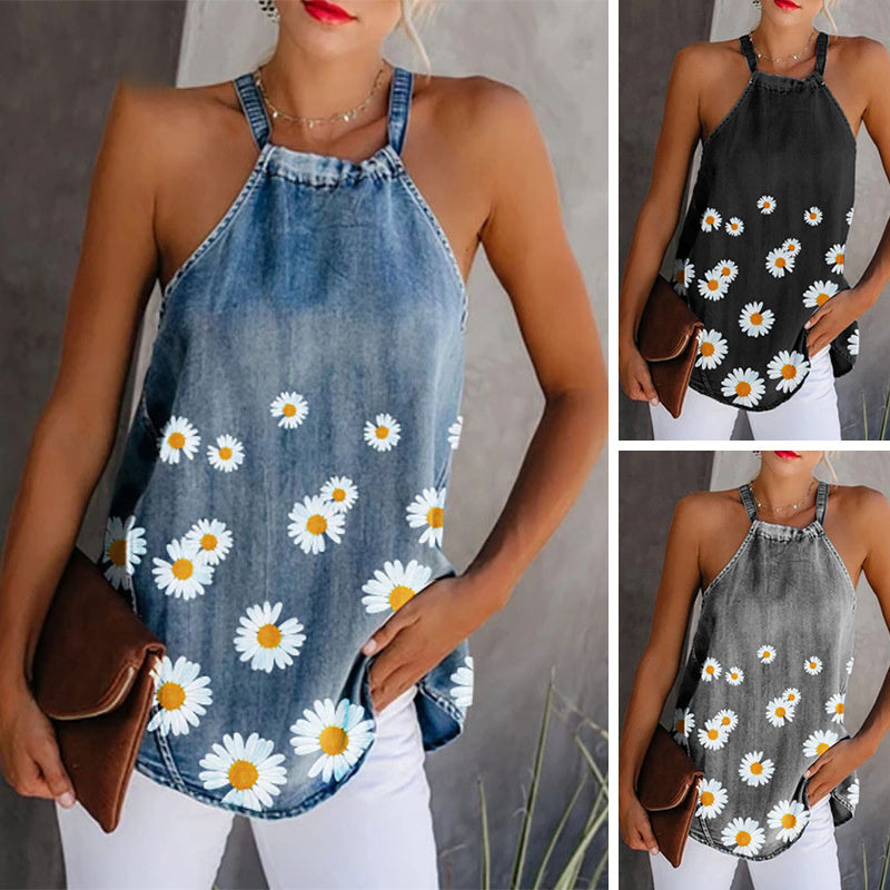 Printed denim camisole - Mubimart - Camisoles 