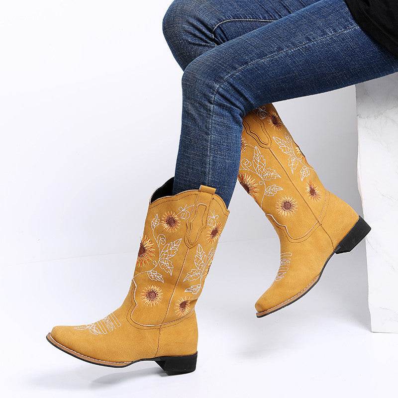 Cowboy Boots Women Sunflower Embroidery Shoes Low Heel Western Boot - Mubimart