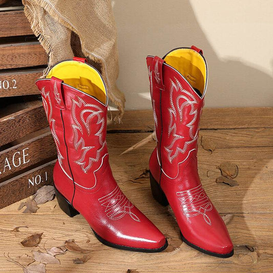 Embroidered Retro Women's Western Cowboy Boot - Mubimart