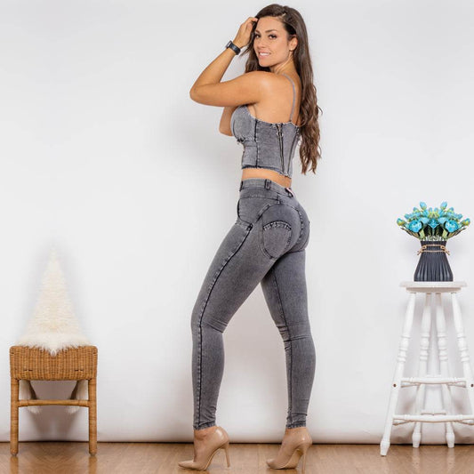 Shascullfites Shaper Suit Grey Denim Zipper Shaper Push Up Top Middle Waist Skinny Jeans Sets Of Women 2 Pieces Elegant - Mubimart