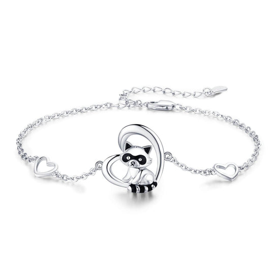 925 Sterling Silver Heart Charm Raccoon Bracelet Animal Jewelry Gifts For Women Girls Teen - Mubimart
