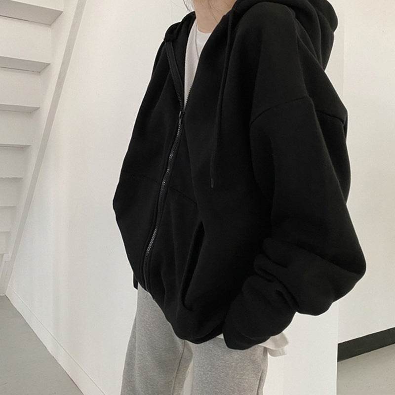 Hoodie Round Neck Loose Letter Rhinestone Zipper - Mubimart