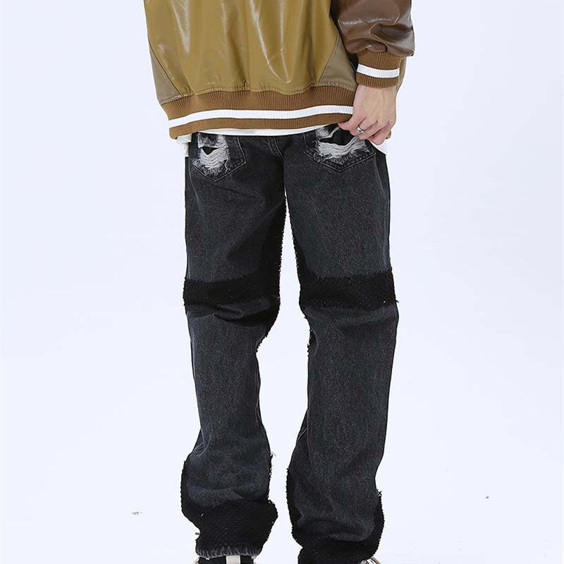 Mens Loose-fitting Casual Frayed Decorative Jeans