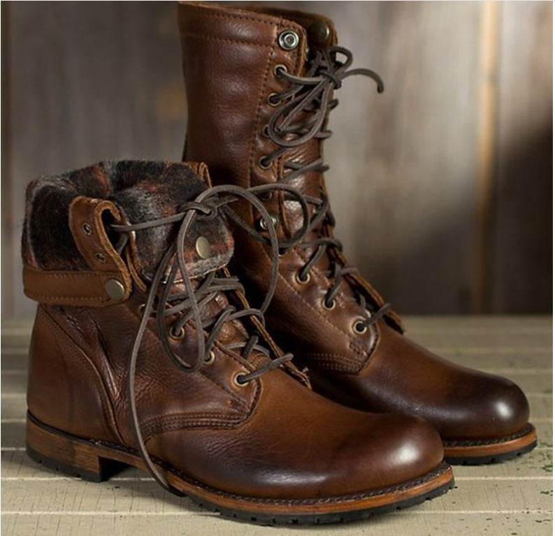 Motorcycle Boots Women Men Retro Lace-Up Combat Boot Low Heel Shoes - Mubimart