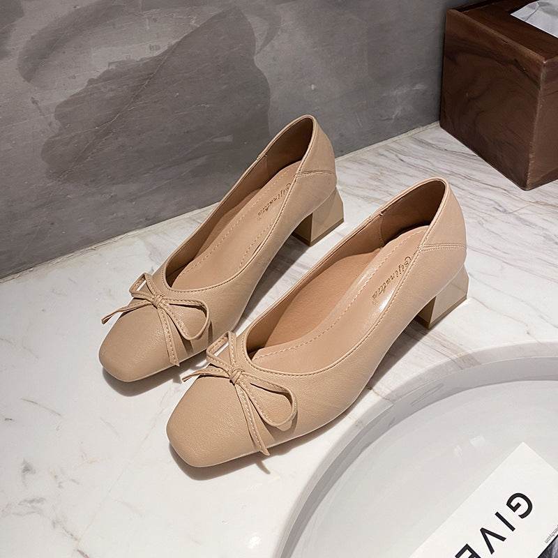 Women's Thick Heel Pumps Soft Leather Shoes - Mubimart