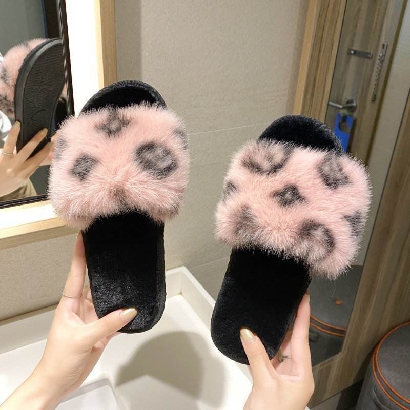 PVC word leopard wool slippers women - Mubimart