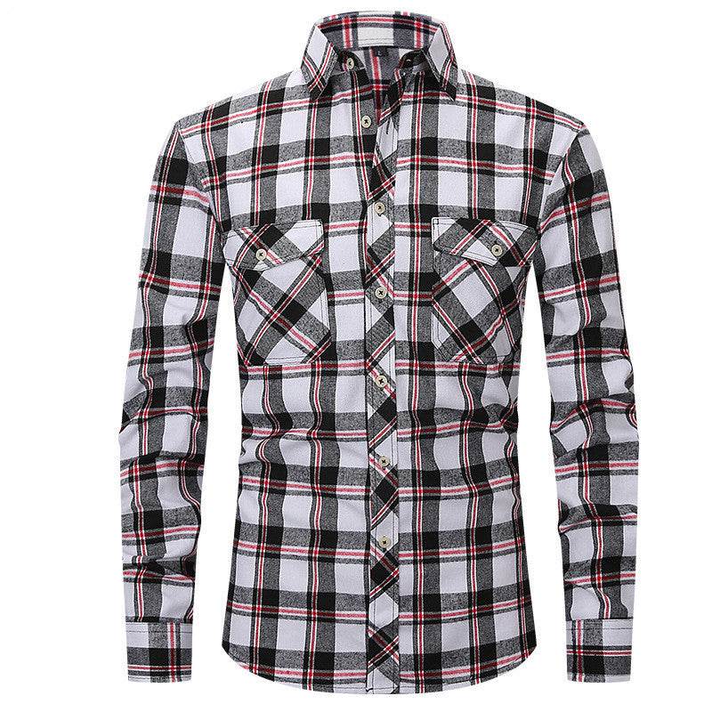 Men's Long Sleeve Double Pocket Flannel Shirt With Brushed Plaid - Mubimart