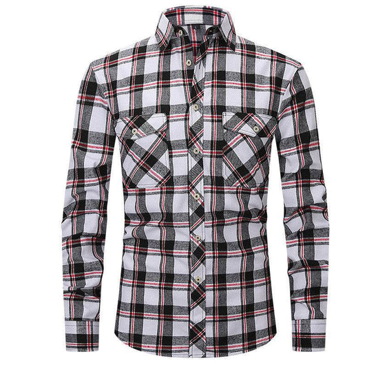Men's Long Sleeve Double Pocket Flannel Shirt With Brushed Plaid - Mubimart