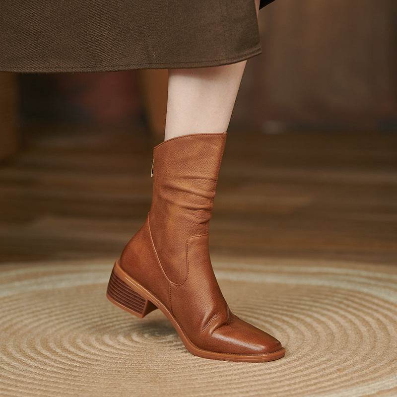 Women's Square Toe Pleated Western Cowboy Boots - Mubimart