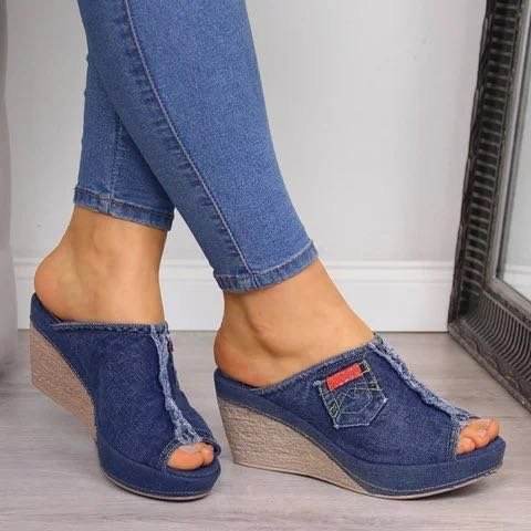 Denim high heels wedge sandals - Mubimart