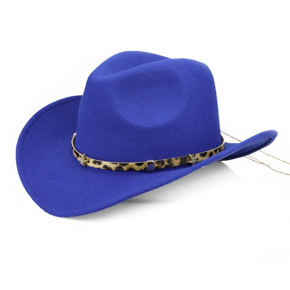 Leopard Print Five-pointed Star Belt Cowboy Hat Men's And Women's Autumn And Winter Woolen Fedora Hat Outdoor Knight Hat Western Cowboy Hat - Mubimart