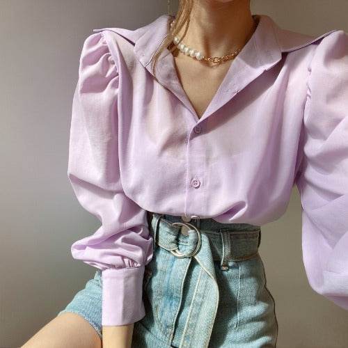 Lapel Single-breasted Loose Casual Lantern Sleeve Shirt Blouse Women - Mubimart
