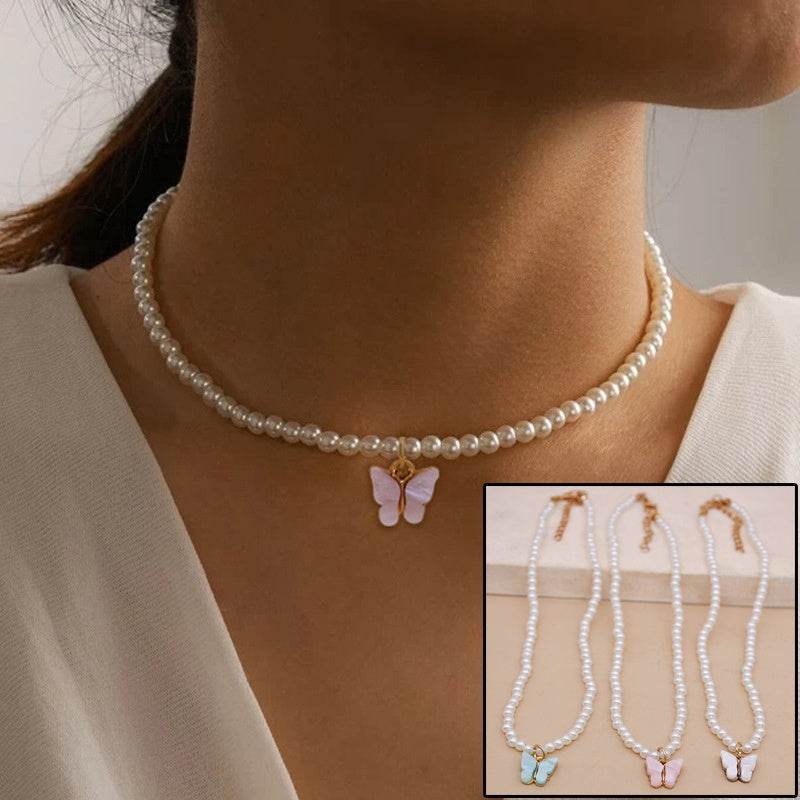 Elegant White Pearl Choker Necklace Small Round Pearl Wedding Butterfly Necklace For Women Charm Fashion Jewelry - Mubimart