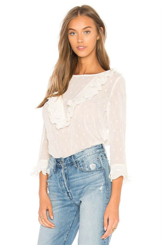 Feitong Women Ladies Blouses And Tops Casual Ruffles Lace Polka Dot O Neck Shirt Long Sleeve Blouse blusas mujer de moda - Mubimart