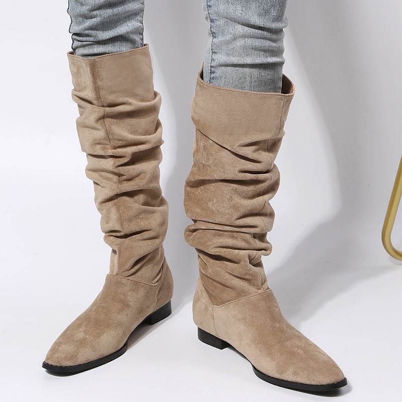 Low Heel Boot Women Faux Suede Pointed Toe Boots Pleated Design Shoes - Mubimart