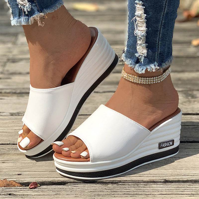 Fish Mouth Wedges Sandals Summer Fashion Hollow Design High Heels Slides Slippers Casual Beach Shoes For Women - Mubimart